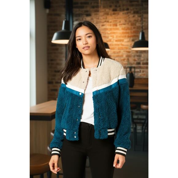 Celebrity Pink Jacket Faux Fur Varsity Bomber Teddy Coat Green Beige Women Sz L - Picture 10 of 16